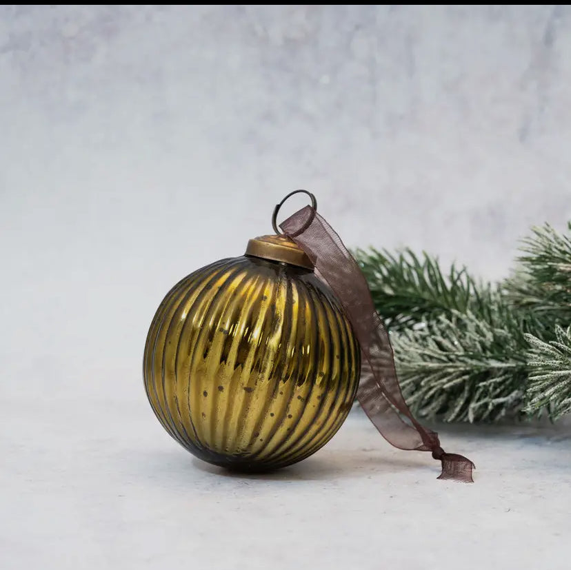 Olive Glass Ribbed Bauble
